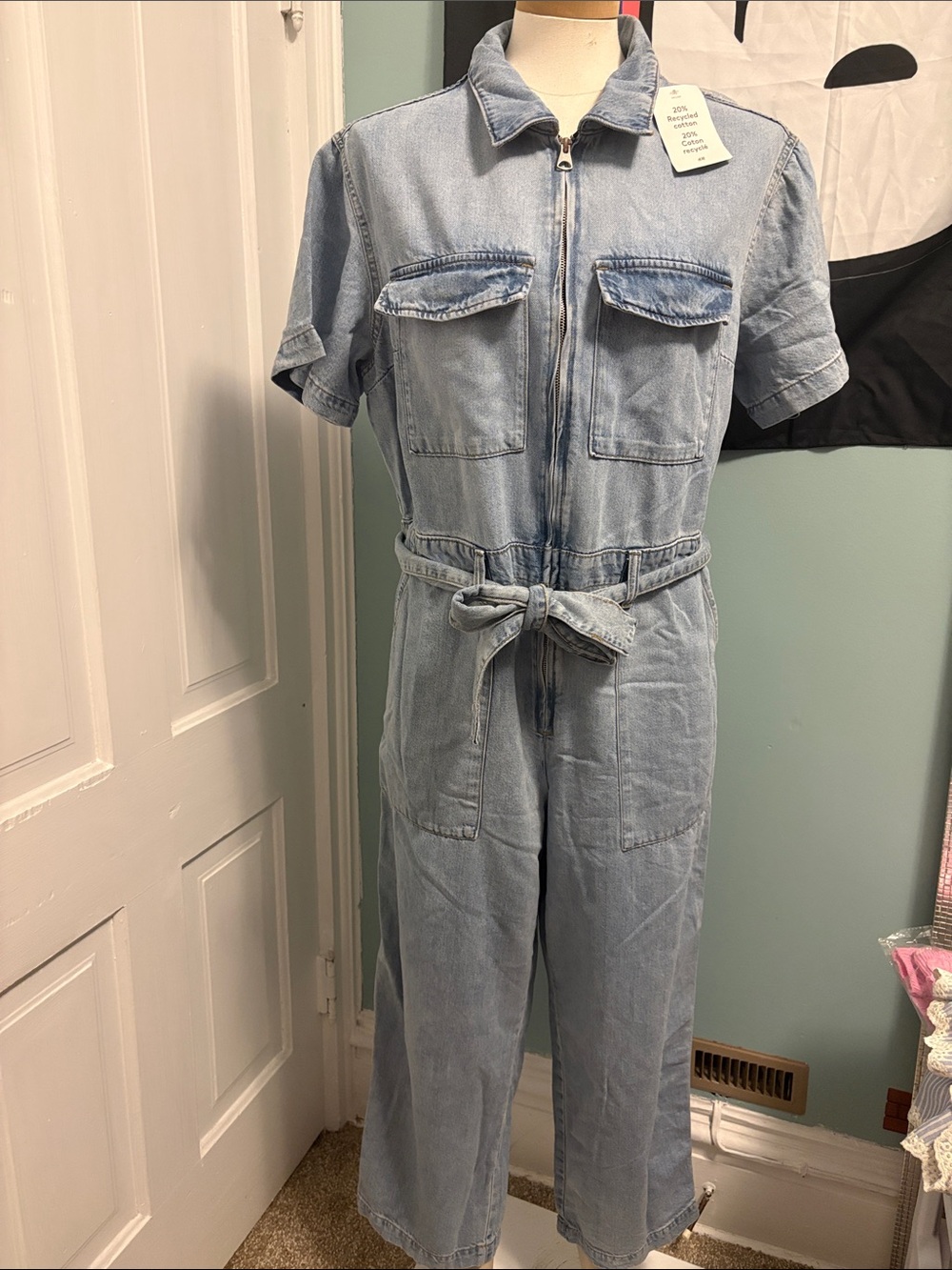 H&M Light Blue Denim Short-Sleeve Jumpsuit with Tie Waist